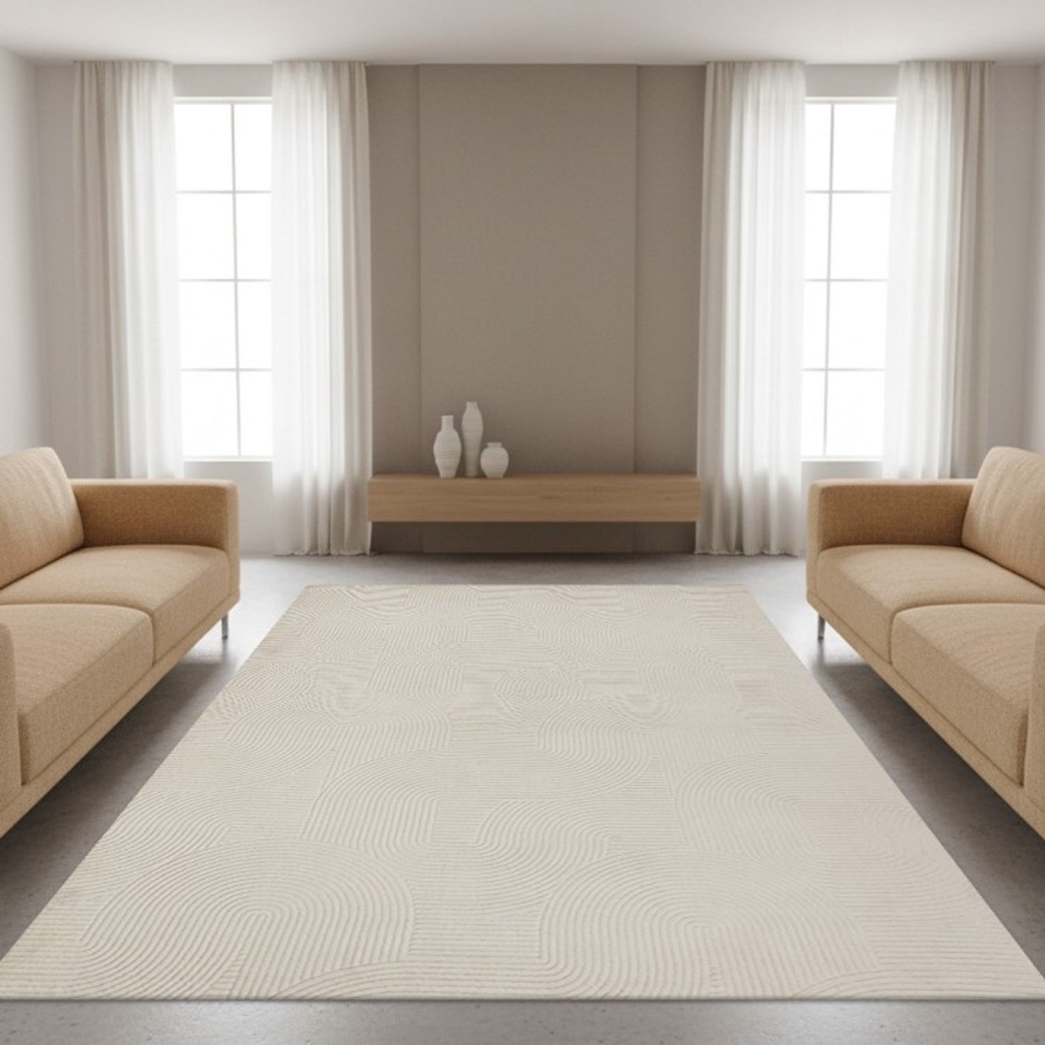TapisTrend Designer tapijt Crème 80x150 cm Modern vloerkleed met in elkaar verweven bogen en verhoogde gebogen lijnen voor de woonkamer, slaapkamer en eetkamer Beige