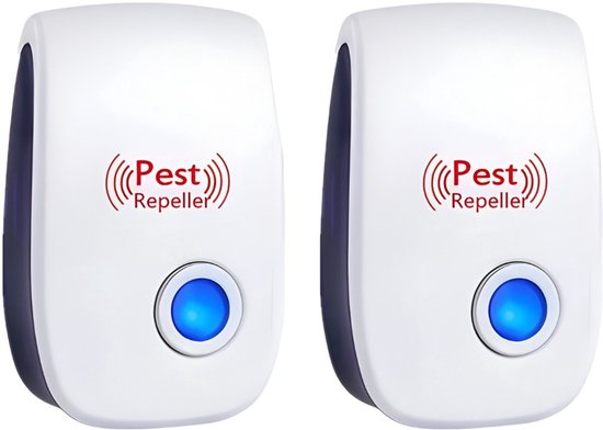 Twee witte ongedierteverjagers met rode logo's en blauwe led-knoppen, naast elkaar.