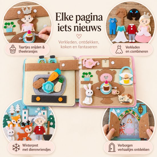 Gedetailleerd stoffen activiteitenboek met prinsessen, dieren, kleding en een kasteel. Afbeeldingen tonen "Taartjes snijden & theekransjes", "Verkleden en combineren" en "Verstoppertjes ontdekken".