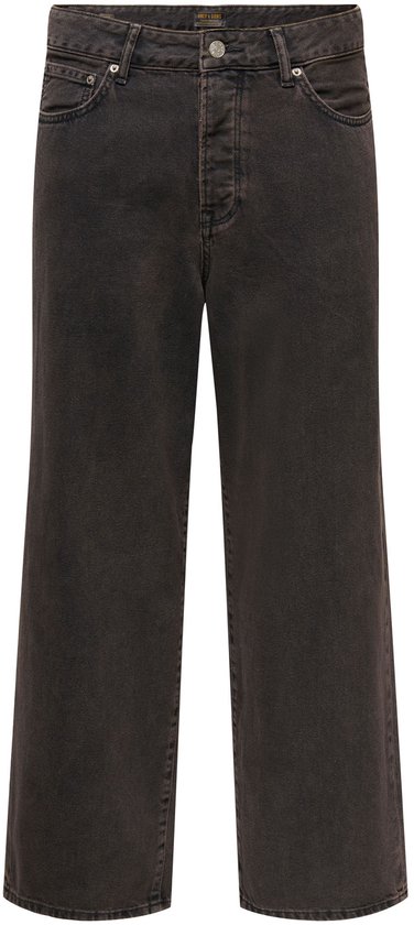 Voorkant van zwarte jeans met wijde pijpen en hoge taille, met knoopsluiting en klassieke zakken.