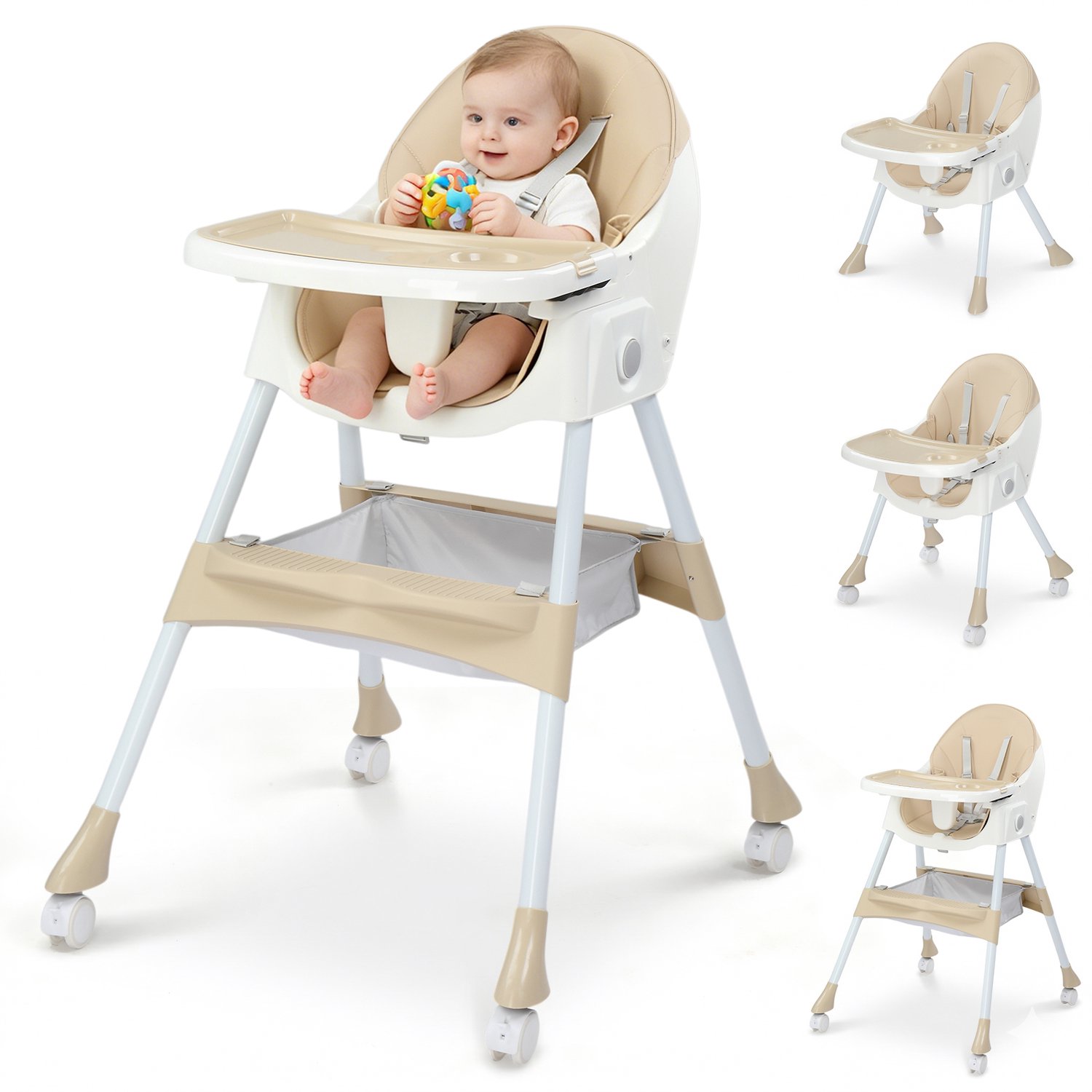 Kinderstoel - LEADZM - Kinderstoel voor baby, 4-in-1, Wipstoel, Verstelbare hoogte, Opvouwbaar - 97 x 60 x 72 cm, Beige