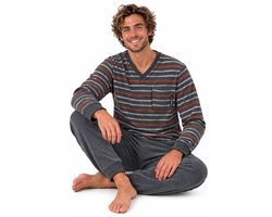 Outfitter - Badstof Heren Pyjama - Winter - Grijs Gestreept - Maat XL