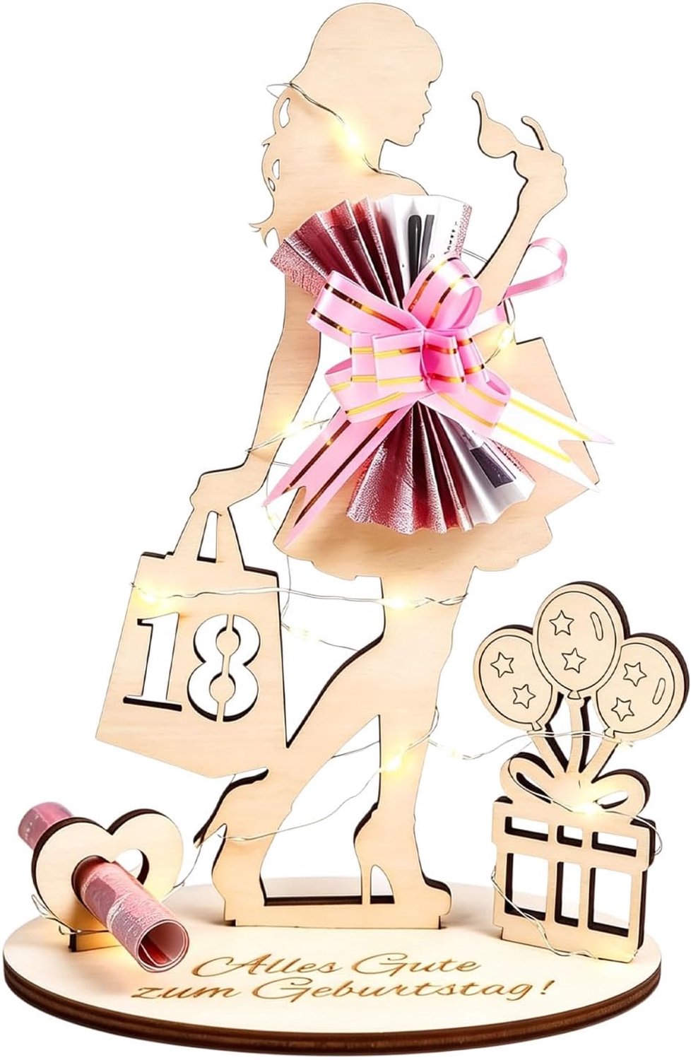 18. verjaardag geschenk voor vrouwen geldgeschenk uit hout met LED lichtketting en loop vrouw silhouet tafeldeko - ShopVlot