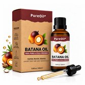 PureOil Batana Olie 100ml flesje met druppelaar, naast een kartonnen verpakking met Batana olie vruchten en bladeren. 100% puur & koudgeperst.