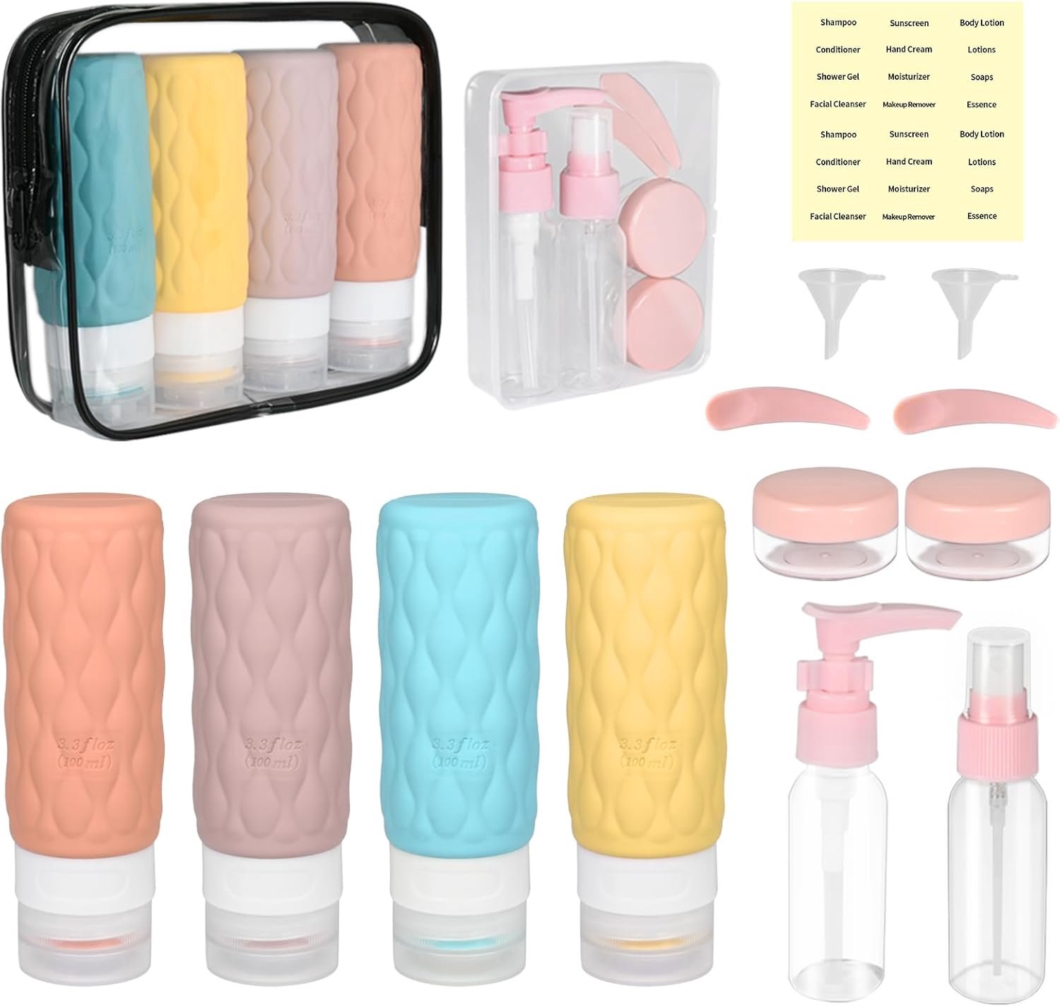 SnelShoppen - 8Pcs Silicone Refill Travel Bottles 100ml - Lekvrije Silicone Flessen Set voor Shampoo, Lotion, Conditioner, Douchgel - BPA Vrij - Ideaa