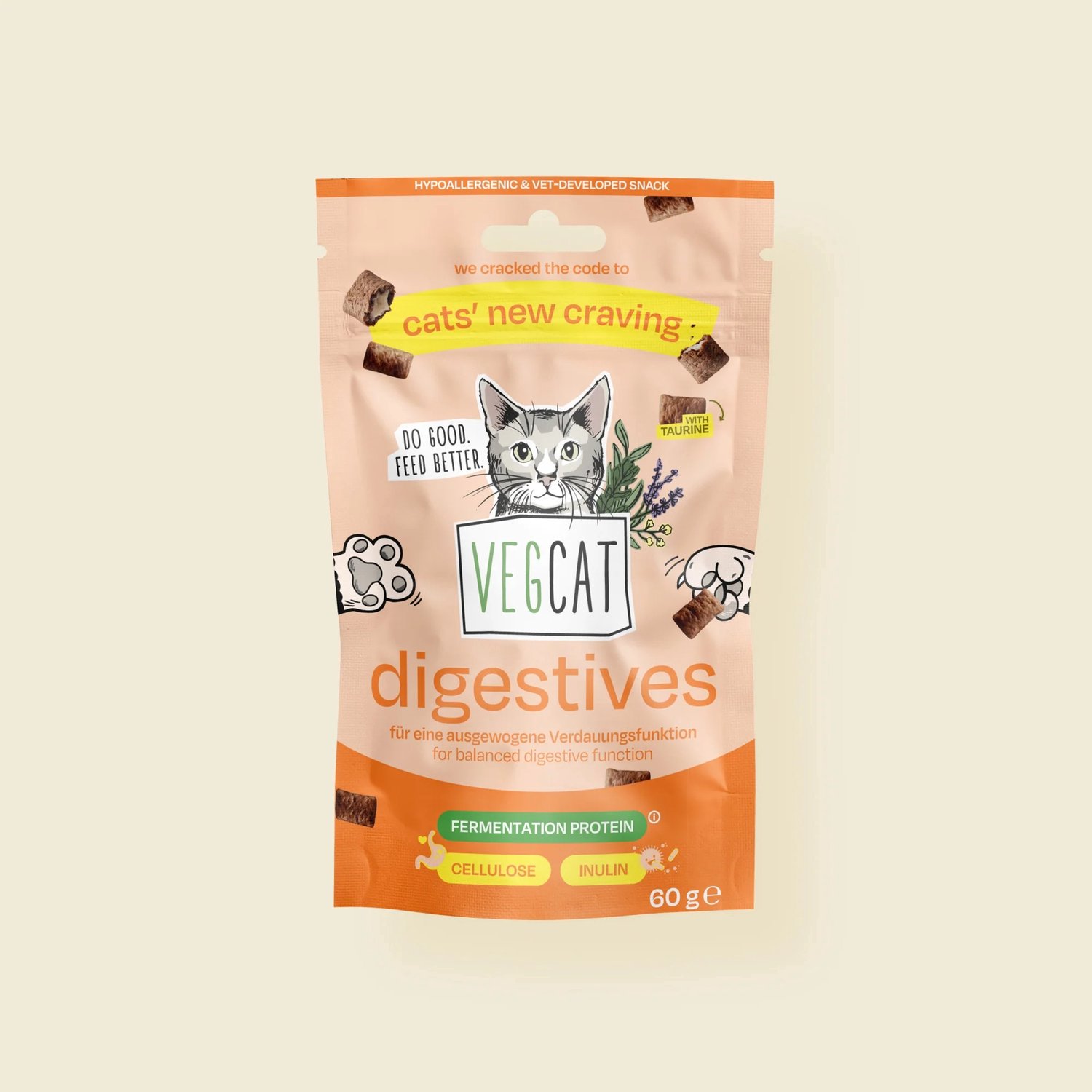 VEGCAT Digestives - Hypoallergene Kattensnacks - Voor Spijsvertering, Darmflora & Gevoelige Katten - Met Inuline, Cellulose & Taurine - Vegan & Graanvrij