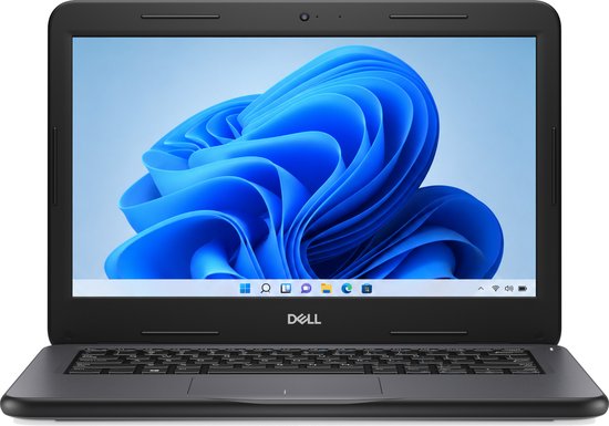 Zwarte Dell laptop met verlicht toetsenbord en Windows 11 logo op het scherm.