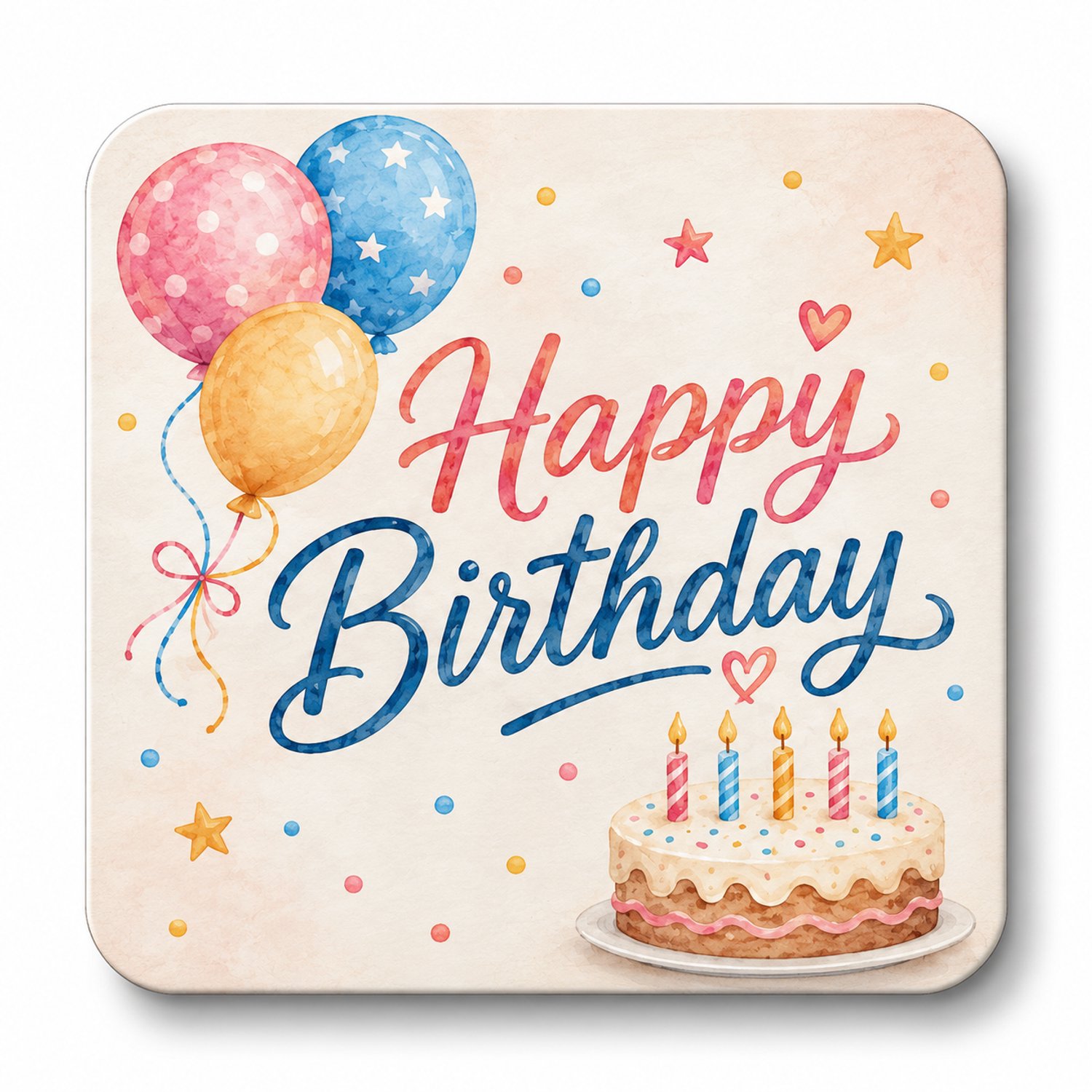 Happy Birthday MDF onderzetter – 10 x 10 cm – Verjaardag Cadeau – Vierkante Onderzetter met Ballonnen en Taart