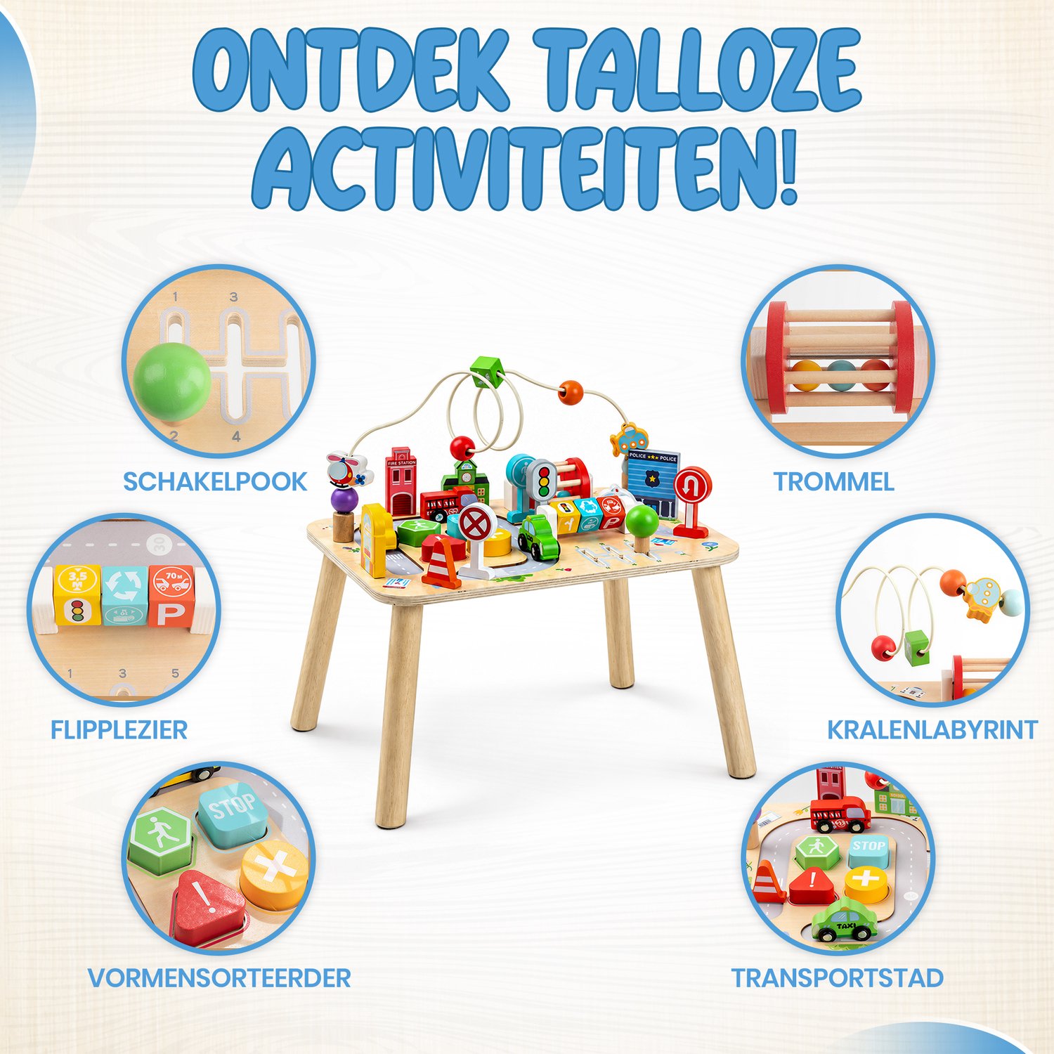 Activiteiten Tafel – Houten Speeltafel Peuter – Montessori Speelgoed – Speelgoed Auto’s met Gebouwen & Verkeersborden – Educatief Speelgoed 1, 2 & 3 Jaar — afbeelding 2