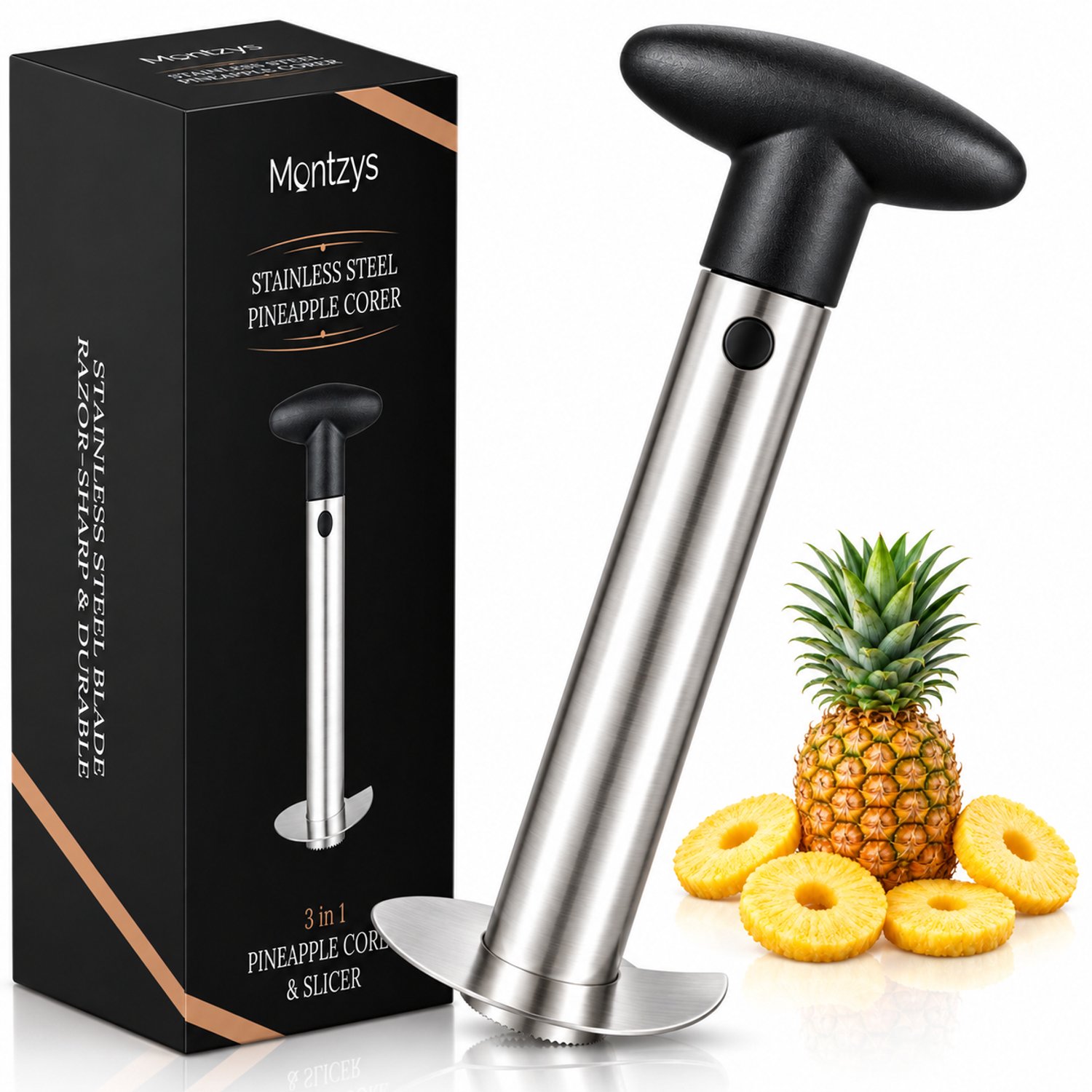 Montzys® Ananassnijder RVS - Ananasboor voor het Schillen, Ontkernen & Snijden in Ringen - Vaatwasserbestendig Keukengerei
