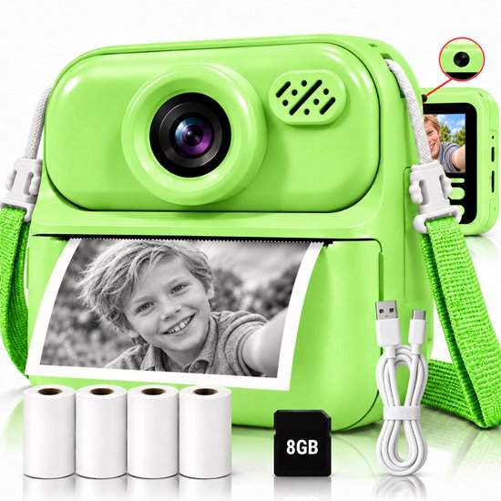 Groene camera met rolletjes, 8GB SD-kaart, USB-C kabel en nekkoord. Kindje print foto. Tekst 'Vastleggen, printen, bewaren'.