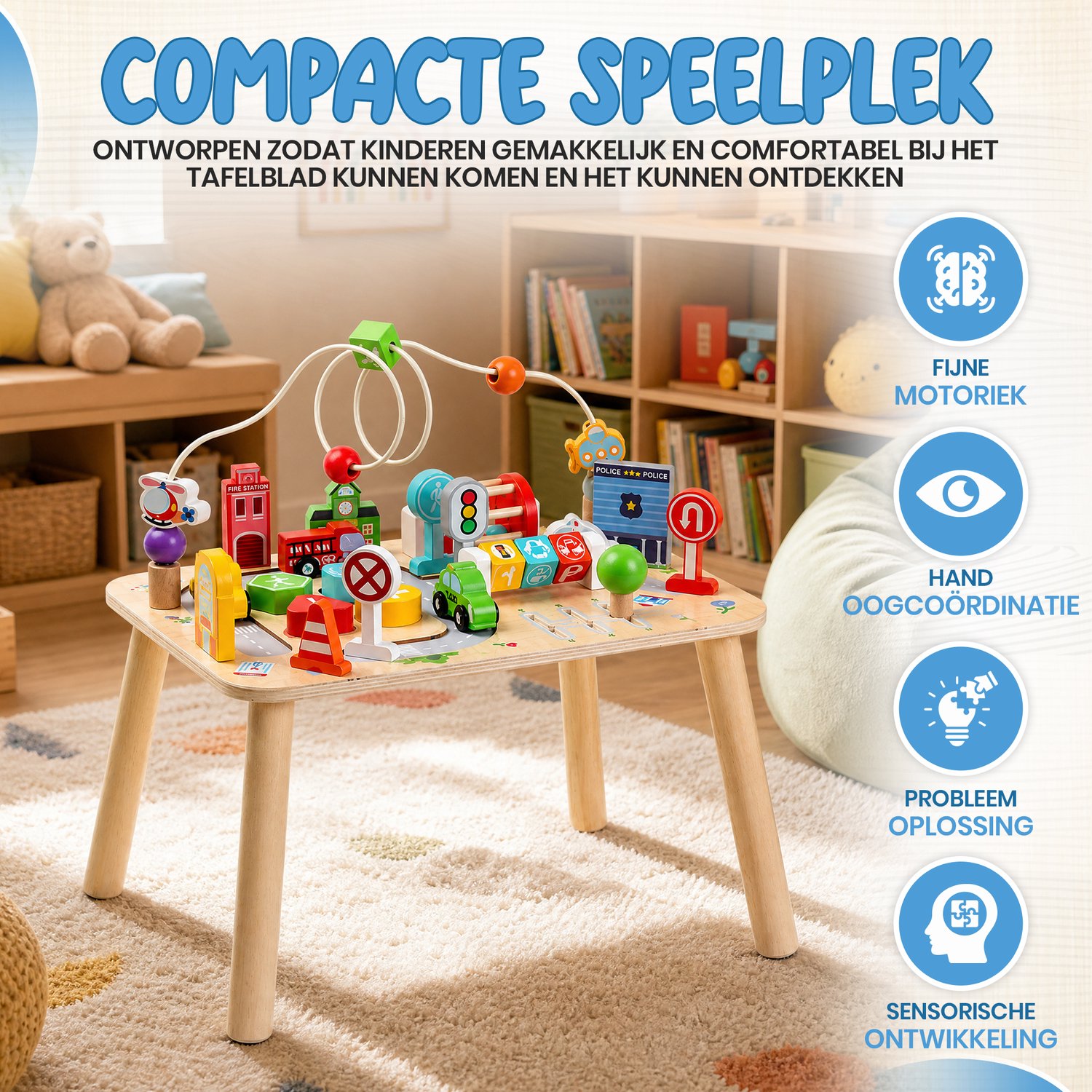 Activiteiten Tafel – Houten Speeltafel Peuter – Montessori Speelgoed – Speelgoed Auto’s met Gebouwen & Verkeersborden – Educatief Speelgoed 1, 2 & 3 Jaar — afbeelding 4