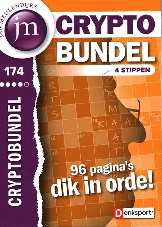 Oranje puzzelboek met silhouet van een gezicht en de tekst: Crypto Bundel 174, 96 pagina's dik in orde!