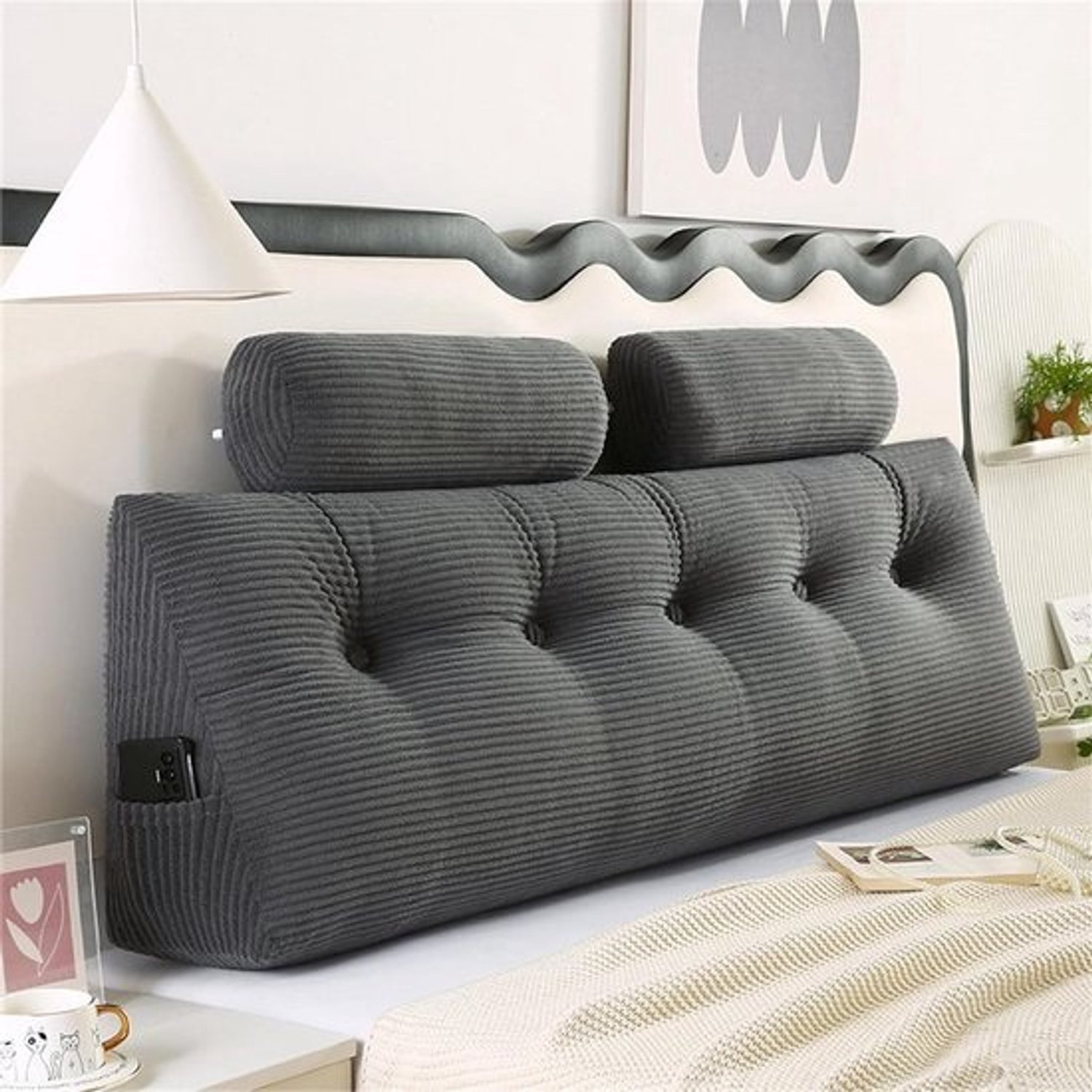 Rugkussen bed, groot bed, rugleuning met nekrol, wighoofdkussen met zijzak, wasbaar, afneembaar leeskussen voor bed, E-150 x 20 x 50 cm