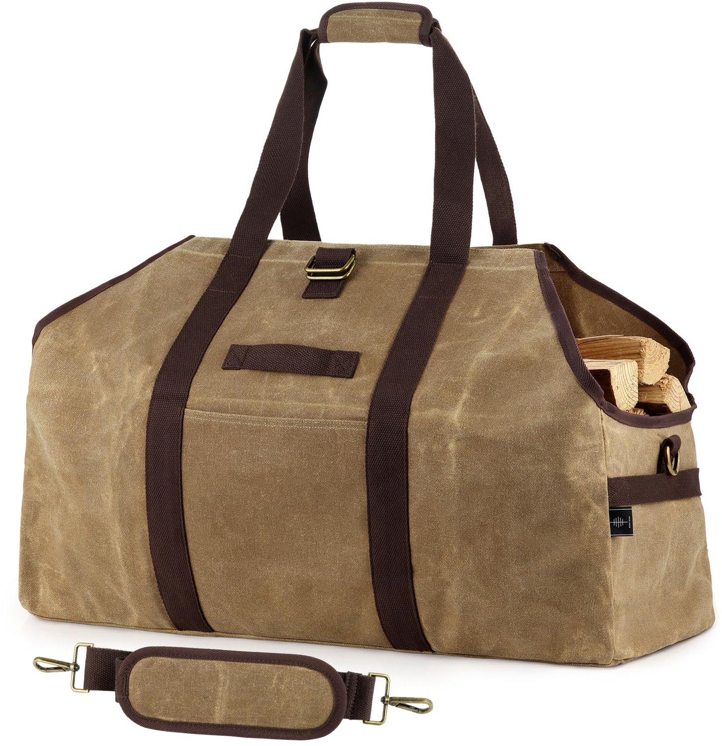 Famanu – Gewaxed canvas brandhout drager, extra grote tas van 91,4 x 61 cm, waterdicht, licht kaki kleur