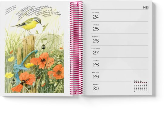 Agenda met spiraalbinding, pagina met een gele vogel op een paaltje, klaprozen en bloemen, met datum 30 mei.