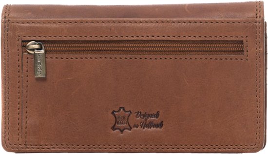 Achterkant bruine leren portemonnee met ritsvak en LeonDesign stempel.