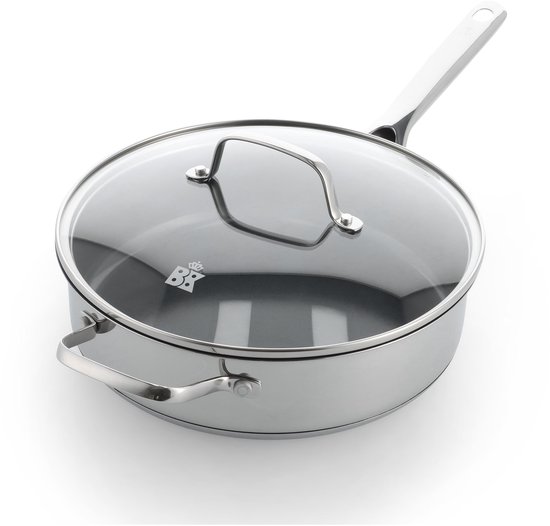 BK Sparkling Hapjespan met deksel 28cm – 3.6L – PFAS-vrije antikleeflaag – Hapjespan inductie – Keramische pan - Ovenbestendig tot 220°C - RVS handgreep - Met glazen deksel - Zilver