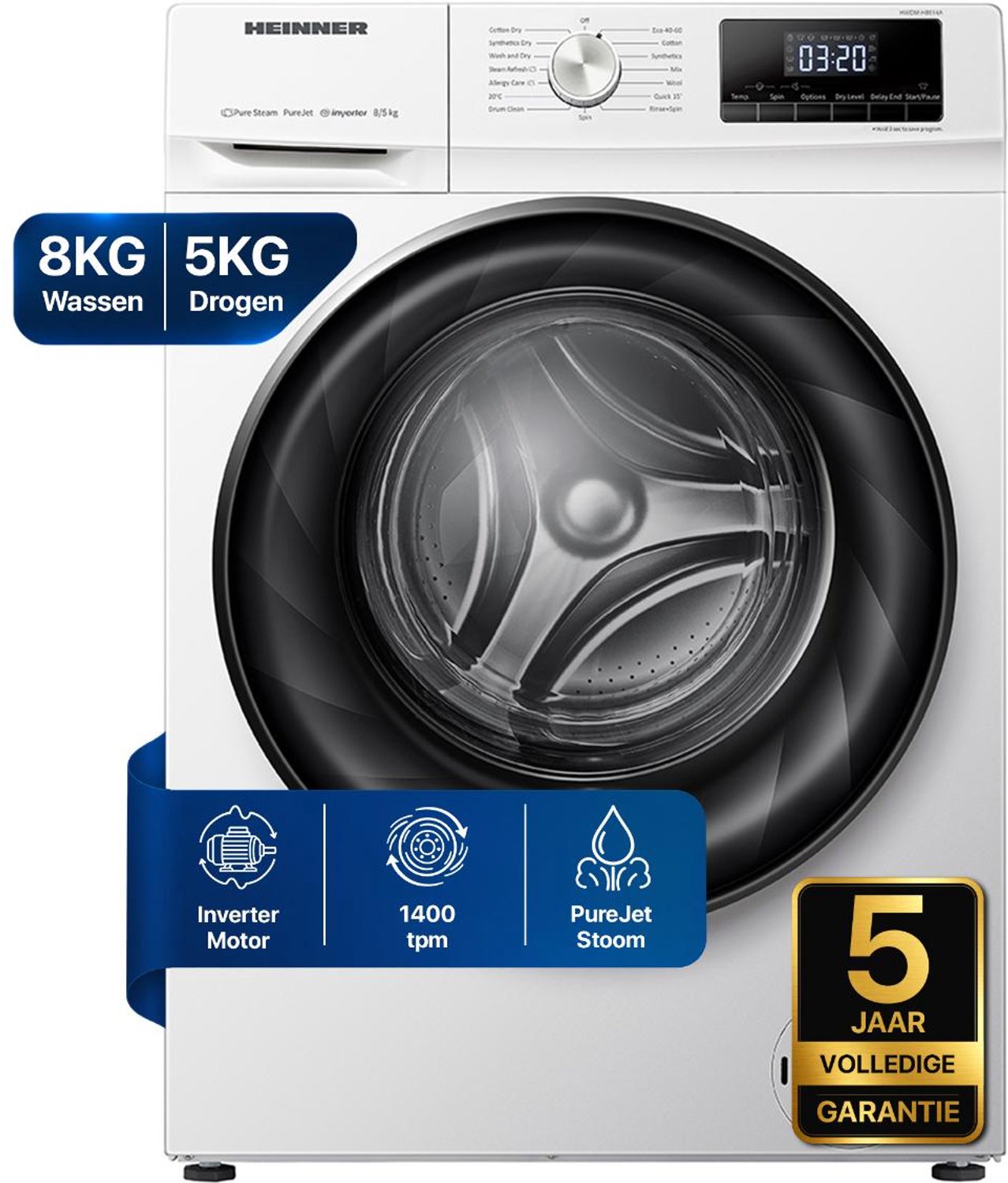 Heinner HWDM-H8514A Compact Was-droogcombinatie - 8 kg Wassen / 5 kg Drogen - 1400 tpm - Energieklasse A - Stoomfunctie - Inverter Motor - LED Display - Wit - 5 Jaar Garantie