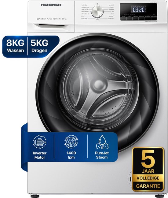 Heinner Compact Was-droogcombinatie - 8 kg Wassen / 5 kg Drogen - 1400 tpm - Energieklasse A - Stoomfunctie - Inverter Motor - LED Display - Wit - 5 Jaar Garantie