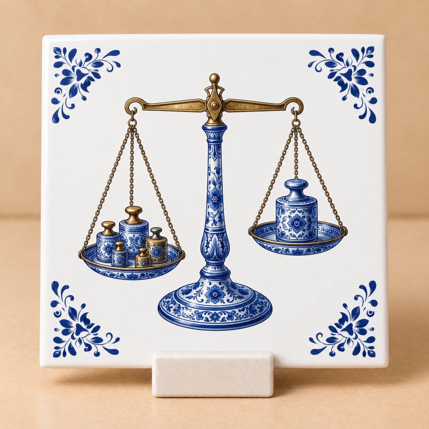 Bedruk King Delftsblauw Tegeltje 11x11 Balansweegschaal met Houdertje – Cadeau voor Jurist, Bakker of Verzamelaar