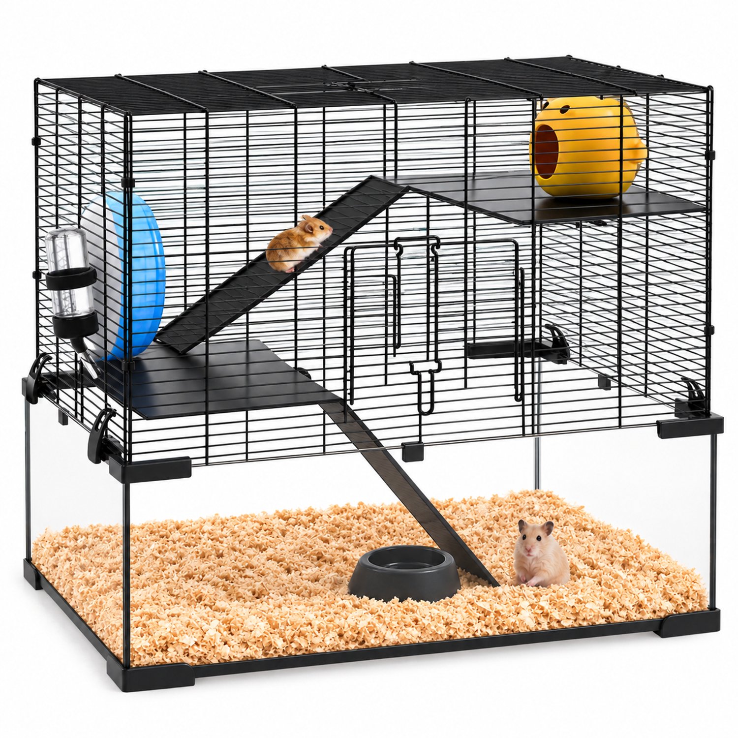 VILIMA - Hamsterkooi - Muizenkooi - Hamsterhok - 60x40x54,5 cm - Glazen bodem - Met wielhellingen, voerbak, drinkfles - Zwart