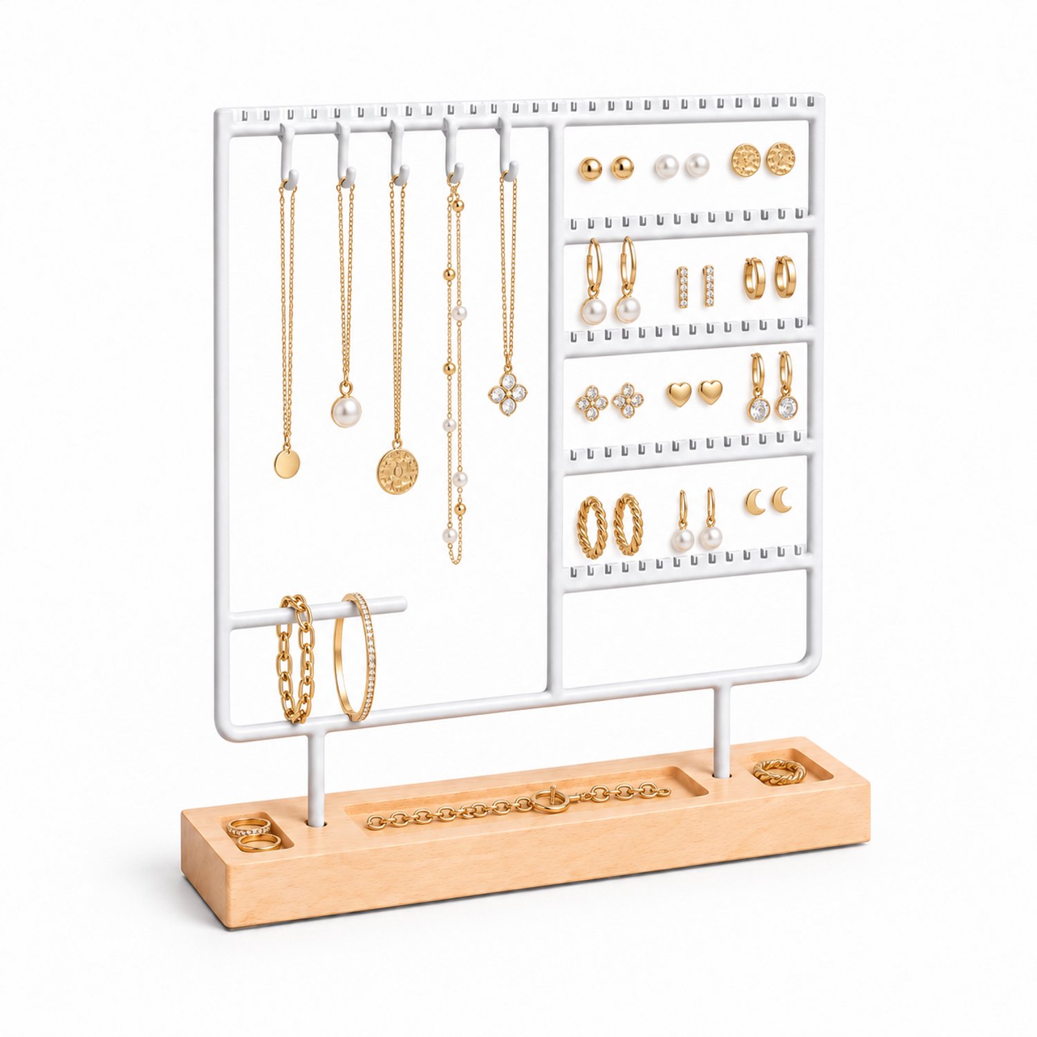 DIVERZA Sieradenrek – Met Houten Standaard – Voor Kettingen en Oorbellen – Sieradenhouder – 34,5 × 30 cm / Wit