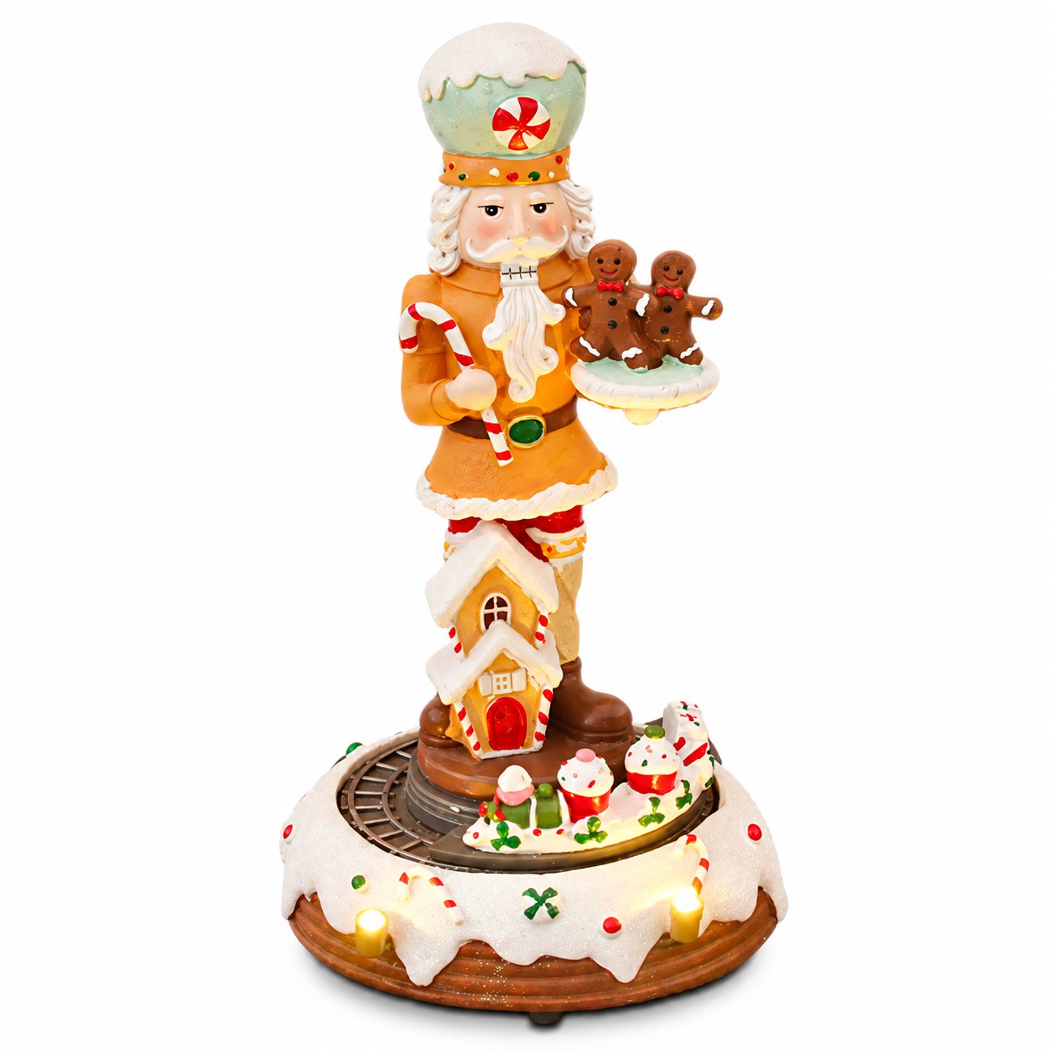 Sello! kerst notenkraker – rijdende trein – peperkoek thema - ledverlichting – muziek – gedetailleerd ontwerp – 11,5 × 11,5 × 21 cm