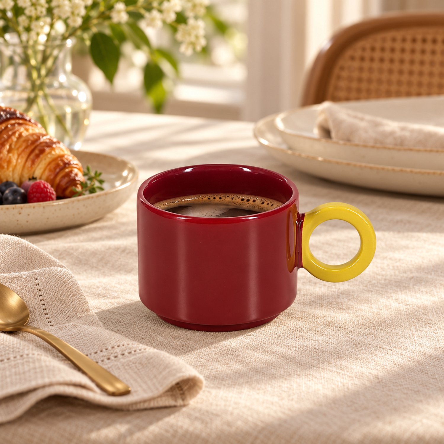 Fameilleur Mok 28 cl Bordeauxroze met Mosterdgeel Oor–Stoneware Koffiemok, Stapelbare Theemok, Keramische Drinkbeker, Ronde Designmok, Vintage Koffiemok, Retro Mok, Kleurrijke Mok-Koffiebeker voor Thuis-Theebeker-Mok met Rond Oor, Mok met Mosterdgeel