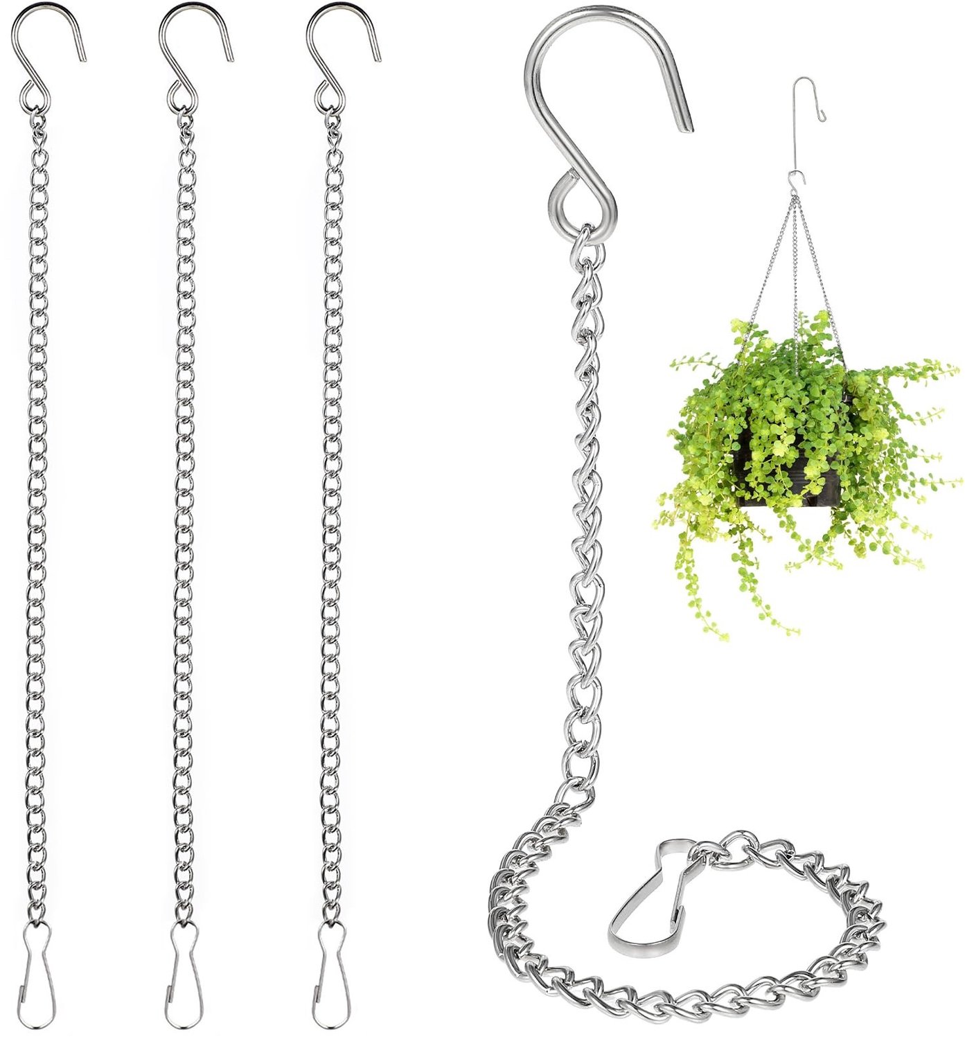Set van 4 Metalen Hangende Pot Houders met Ketting, 25,7 cm, Zilverkleurig