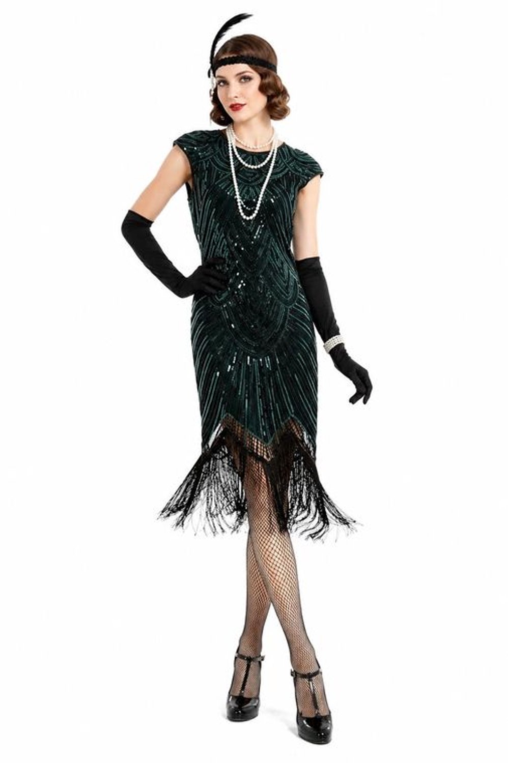 Luxe Charleston Kostuum Dames Maat L – Jaren 20 Flapper Jurk – 5-delige Set met Netpanty, Handschoenen, Haarband en Parelketting