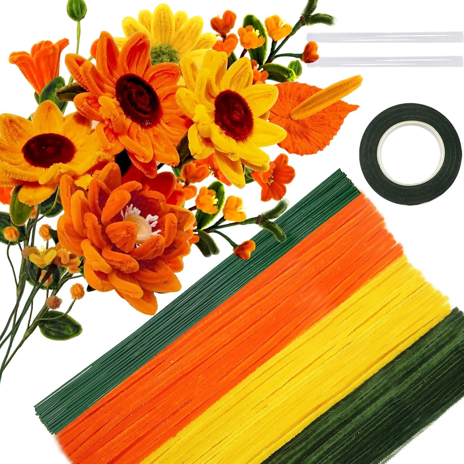SnelShoppen - 200 Stuks Bloemboeket Pijpenrassers Oranje Serie Set - Creatieve Pijpenreinigers voor Knutselen - Chenille Draad, Bloemdraad, Lijm en Bl