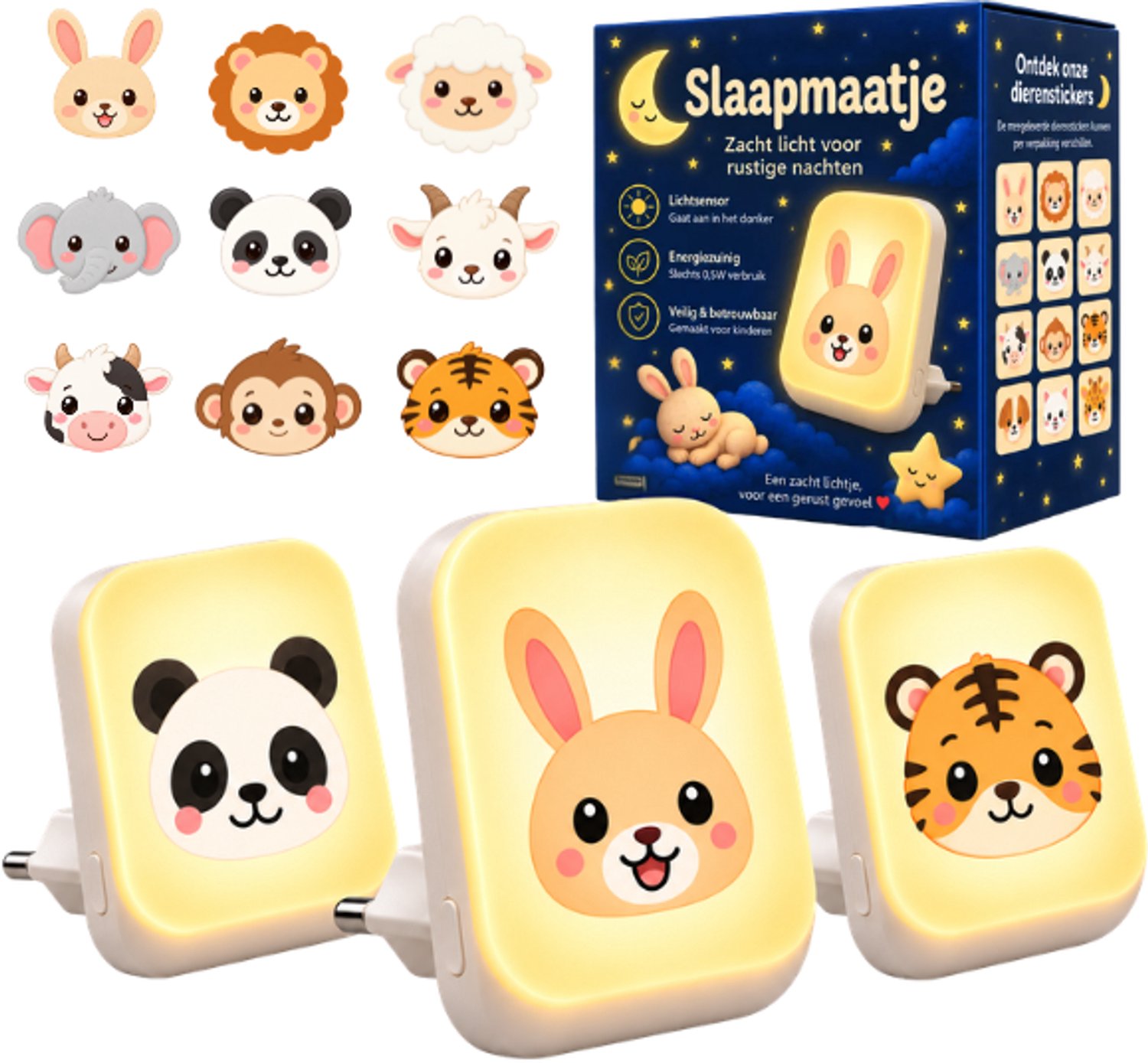 Gigandia Slaapmaatje Nachtlampje Stopcontact Baby & Kinderen - Automatische Lichtsensor - Dimbaar Warm Wit Licht - 3 Stuks