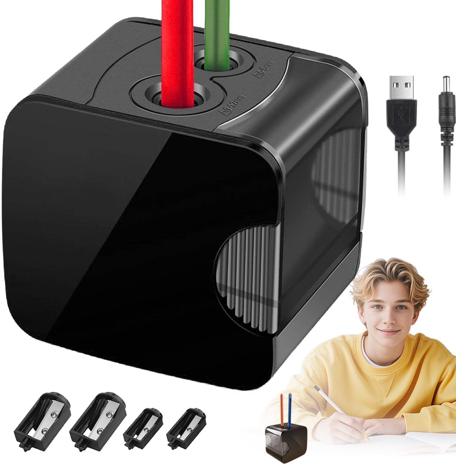 Elektrische Puntenslijper Voor Kinderen - Automatische Puntenslijper - Kantoorslijper - Dubbele Gaten - Voor Potloden 6-8 mm & 9-12 mm - met Opvangbakje - Kindveilig Ontwerp - Voor Thuis & Klas & Kantoor