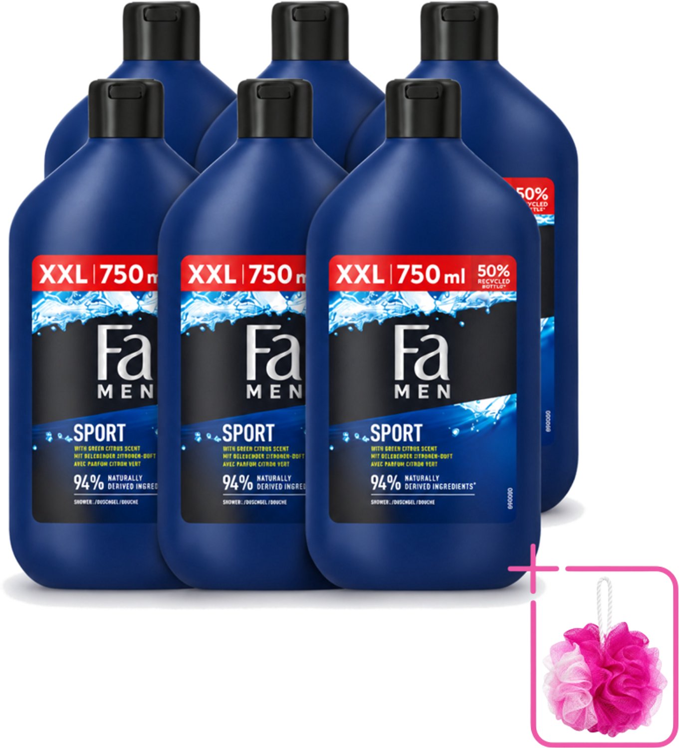 6 x Fa Men - Sport - Douchegel - Groene Citrus - 750 ml - Bulkverpakking - Douchegel voor mannen - Douchemop - Sport douchegel