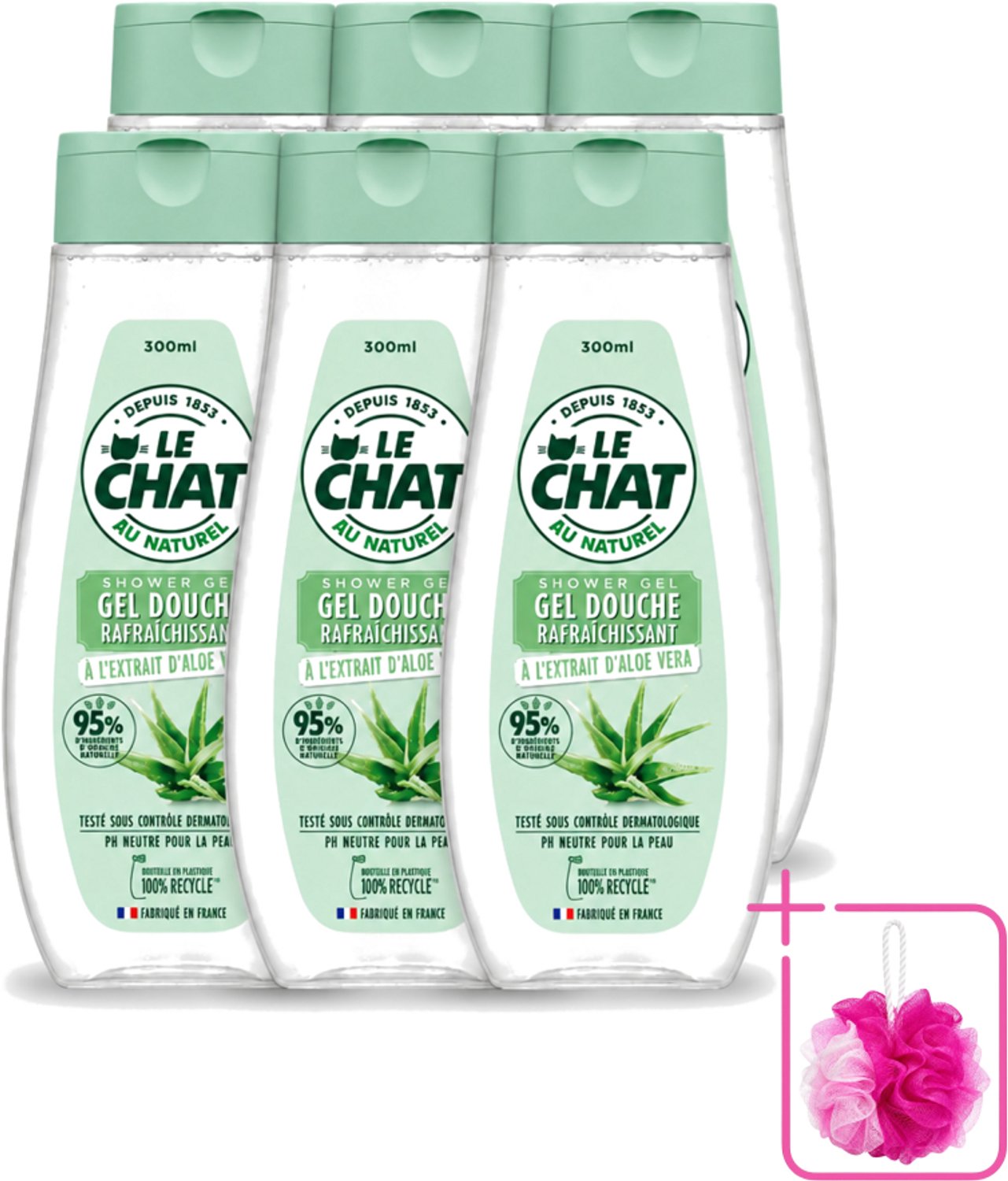 6 x Le Chat - Douchegel - PH Neutraal - Met Extract Van Aloë Vera - Verfrissend - 300 ml - Bulkverpakking - Douchegel aloë vera - Douchemop - Frisheid huid