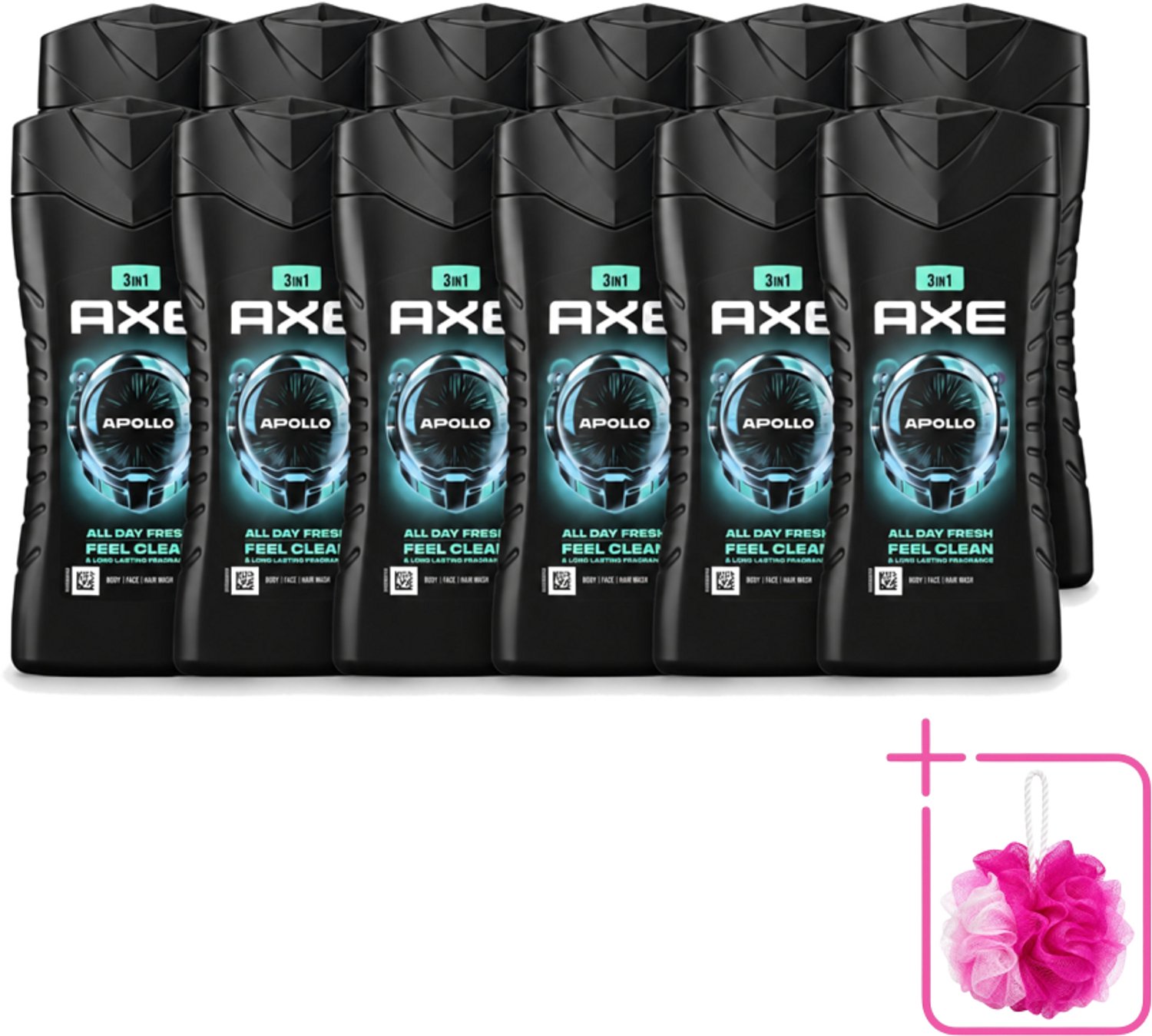 12 x Axe - 3-in-1 Douchegel - Apollo - Sage & Cedarwoord - 12hrs Long Lasting Scent - 250 ml - Bulkverpakking - Douchegel lichaam gezicht haar - Douchemop - Geur salie cederhout