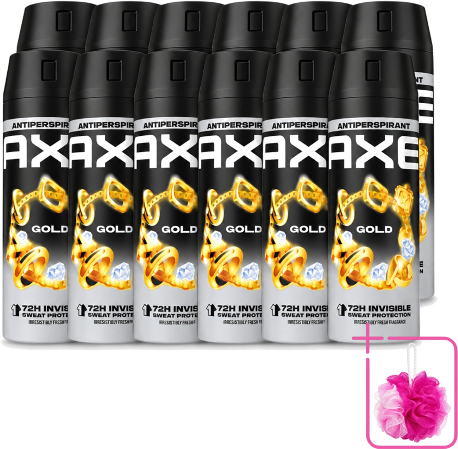 12 x Axe - Deodorant Spray - 72hrs Anti Sweat - Anti White Marks - Gold - 150 ml - Bulkverpakking - Anti transpirant spray - Douchemop - 72 uur bescherming