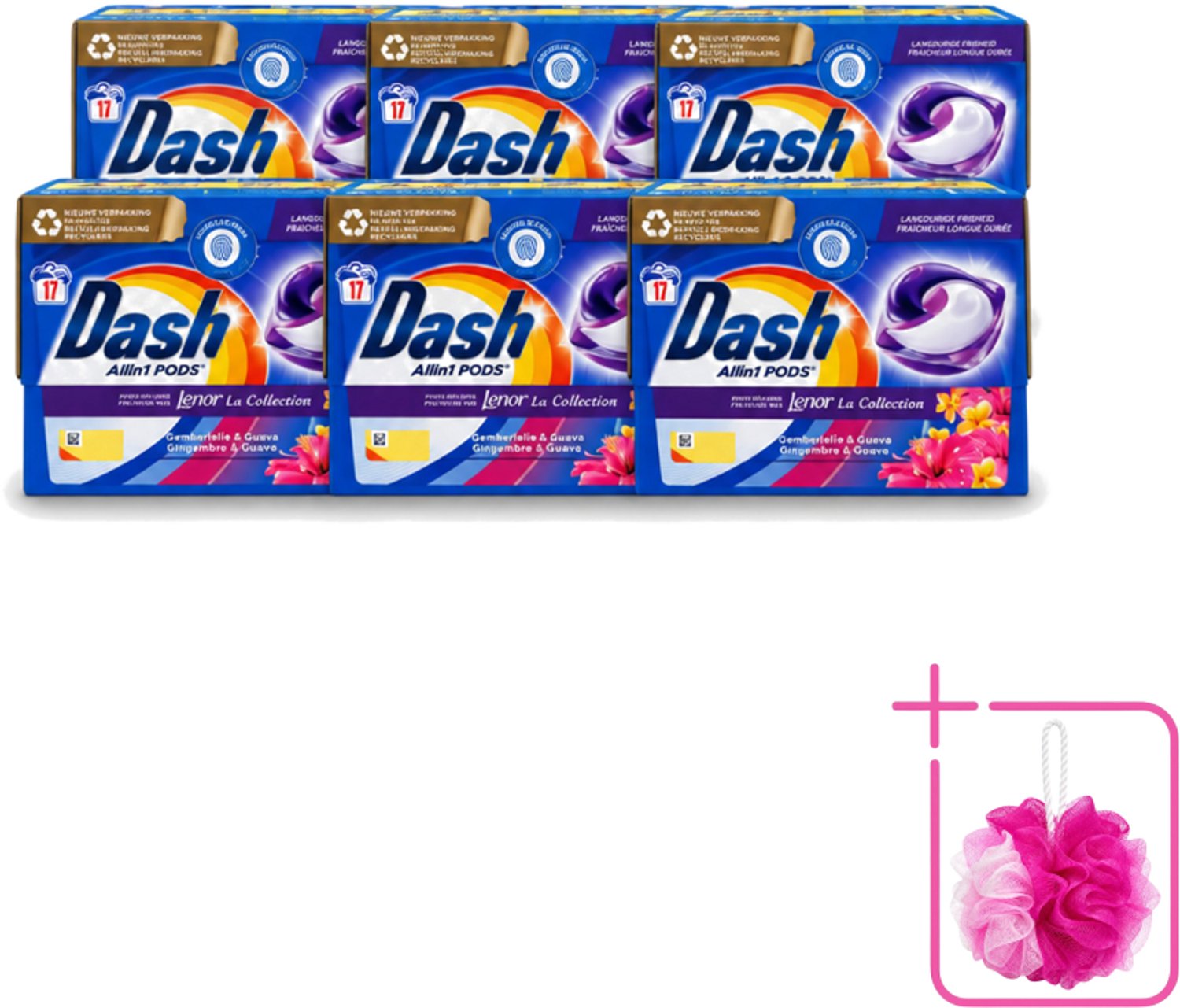6 x Dash - Lenor Collectie - Wasmiddel Capsules - All-in-1 Pods - Witte en Gekleurde Was - Gemberlelie & Guava - 17 Wasbeurten - Bulkverpakking - Wasmiddel capsules - Douchemop - Wasmiddel pod
