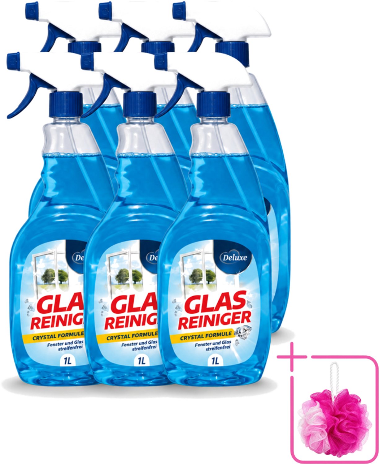 6 x Deluxe - Glasreiniger - Crystal Formule - Streeploze Glans - 1L - Bulkverpakking - Streeploze glans - Douchemop - Glas reiniger