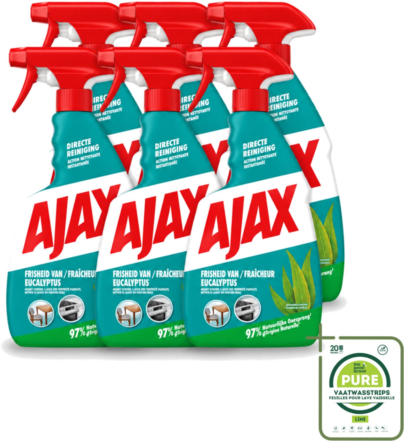 6 x Ajax – Multi-Purpose Spray – Eucalyptus – 750 ml - Grootverpakking - Vaatwasstrips - Schoonmaak Spray - Eucalyptus Reiniger - Allesreiniger - Krachtige Reiniger - Multi-purpose Spray