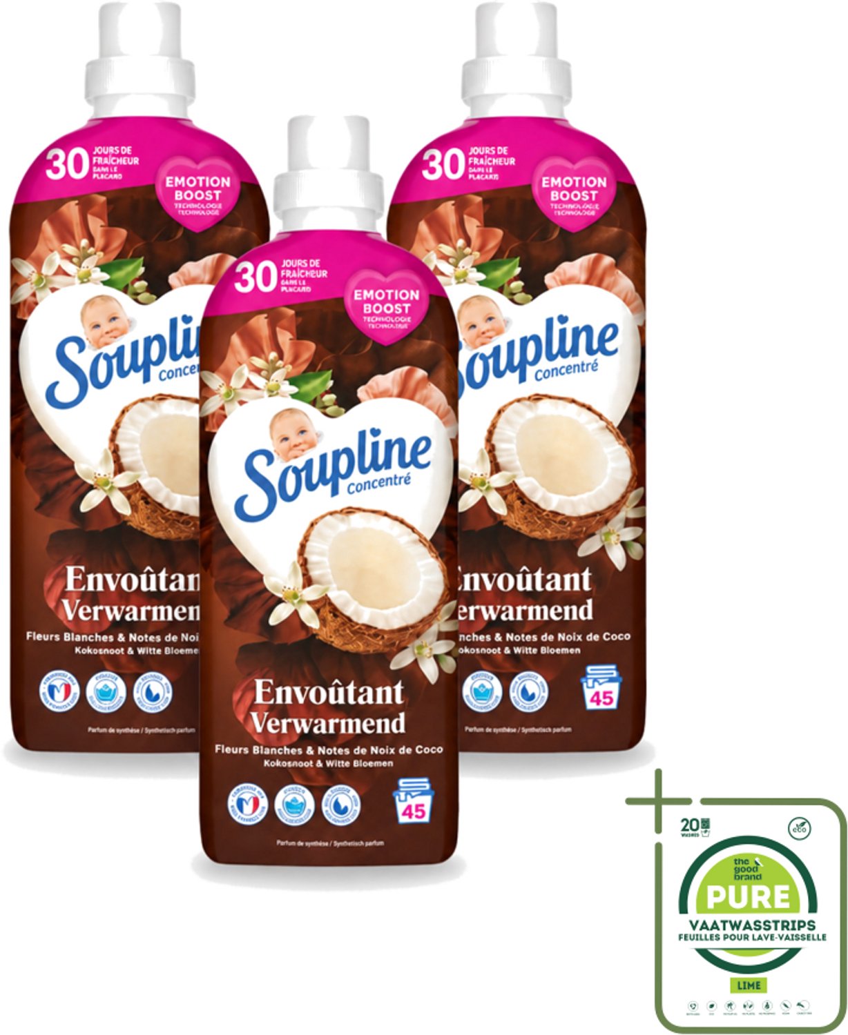 3 x Soupline – Wasverzachter – Verwarmende Kokosnoot & Witte Bloemen – 950 ml - Grootverpakking - Vaatwasstrips - Wasverzachter - Kokosnoot - Witte Bloemen - Warme Geur - Wasgoed