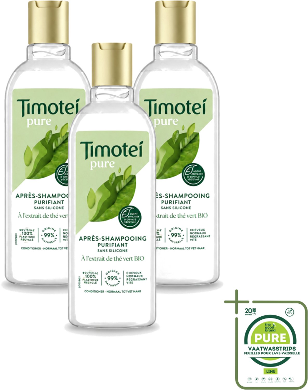 3 x Timotei Conditioner - pure groene thee - 300 ml - Grootverpakking - Vaatwasstrips - Groene Thee Conditioner - Zachte Haar - Fris Haar - Natuurlijke Haar Verzorging - Haar Verzorging