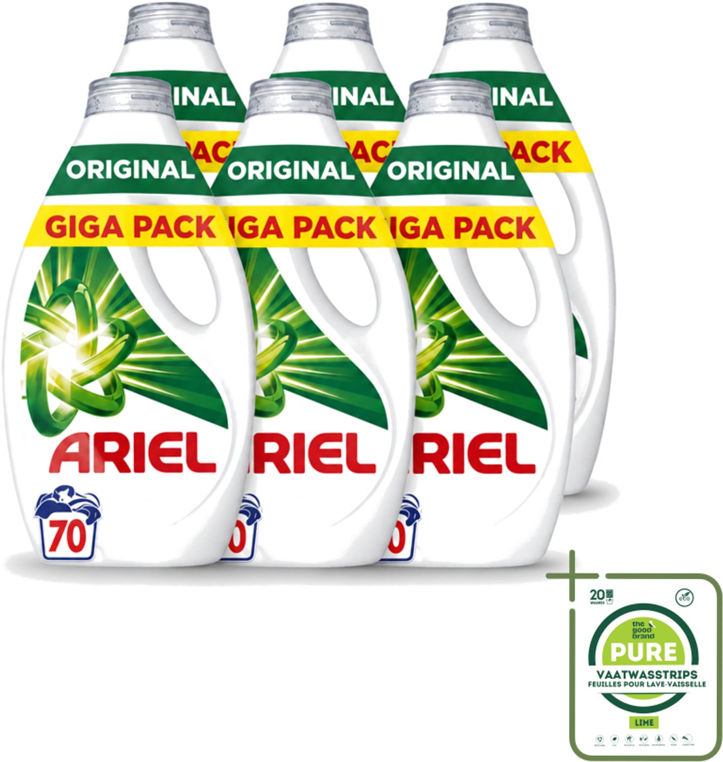6 x Ariel – Vloeibaar Wasmiddel – Original – 3150 ml – 70 wasbeurten - Grootverpakking - Vaatwasstrips - Vloeibaar Wasmiddel - Vlekverwijdering - Wasmiddel Voor Vlekken - Wasmiddel Voor Kleding - Wasmiddel 3150 Ml