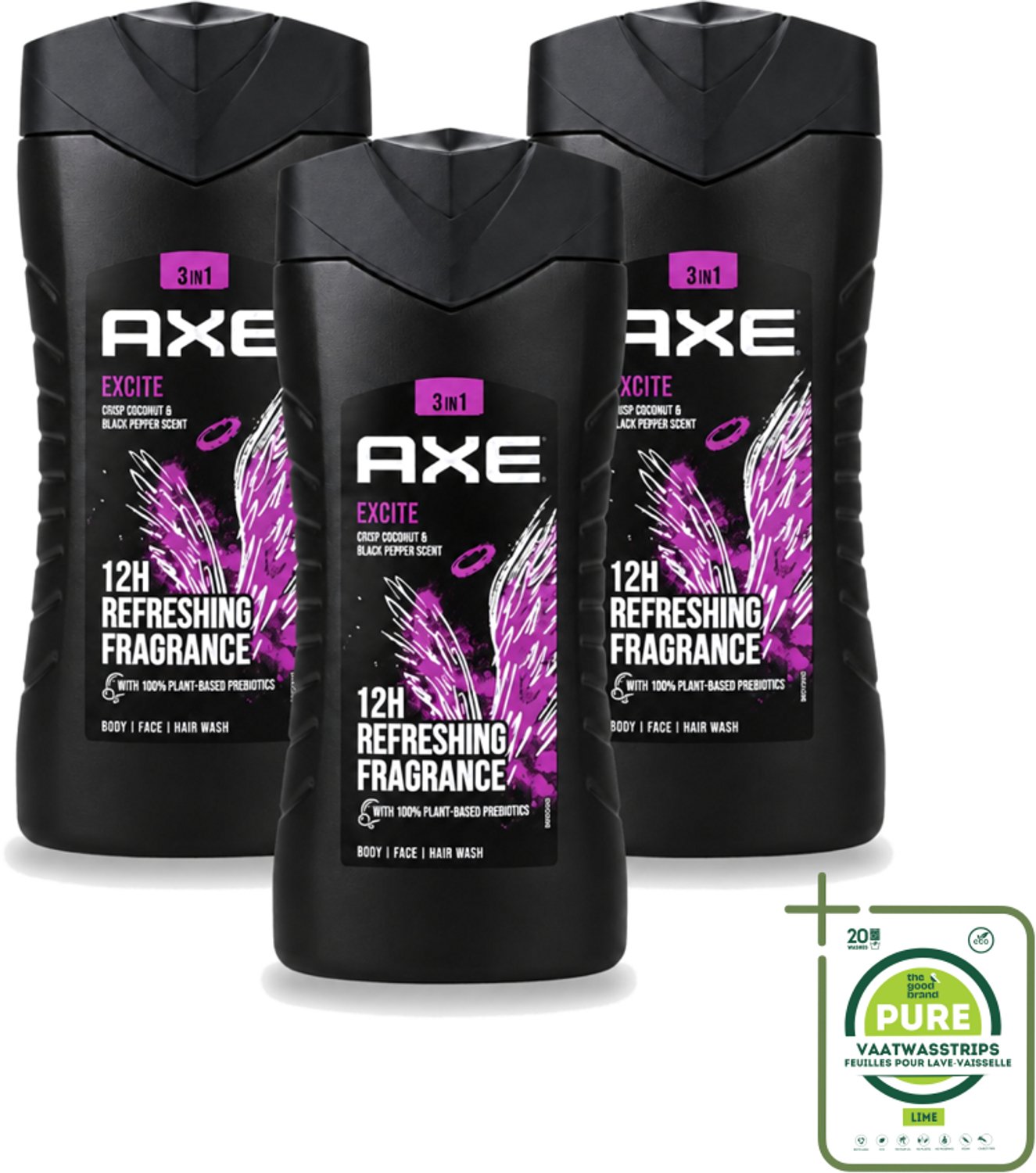 3 x AXE – Douchegel – Excite – 250 ml - Grootverpakking - Vaatwasstrips - Douchegel - Frisheid - Geur - Mannelijke Geur - Axe Excite
