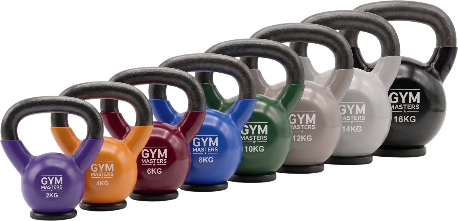 Gym Masters Kettlebell Voordeelset 2-4-6-8-10-12-14-16 kg – 8 Stuks – Premium Vinyl Kettlebells – Rubberen Bodem – Optimale Vloerbescherming & Veilig Trainen – Krachttraining Thuis