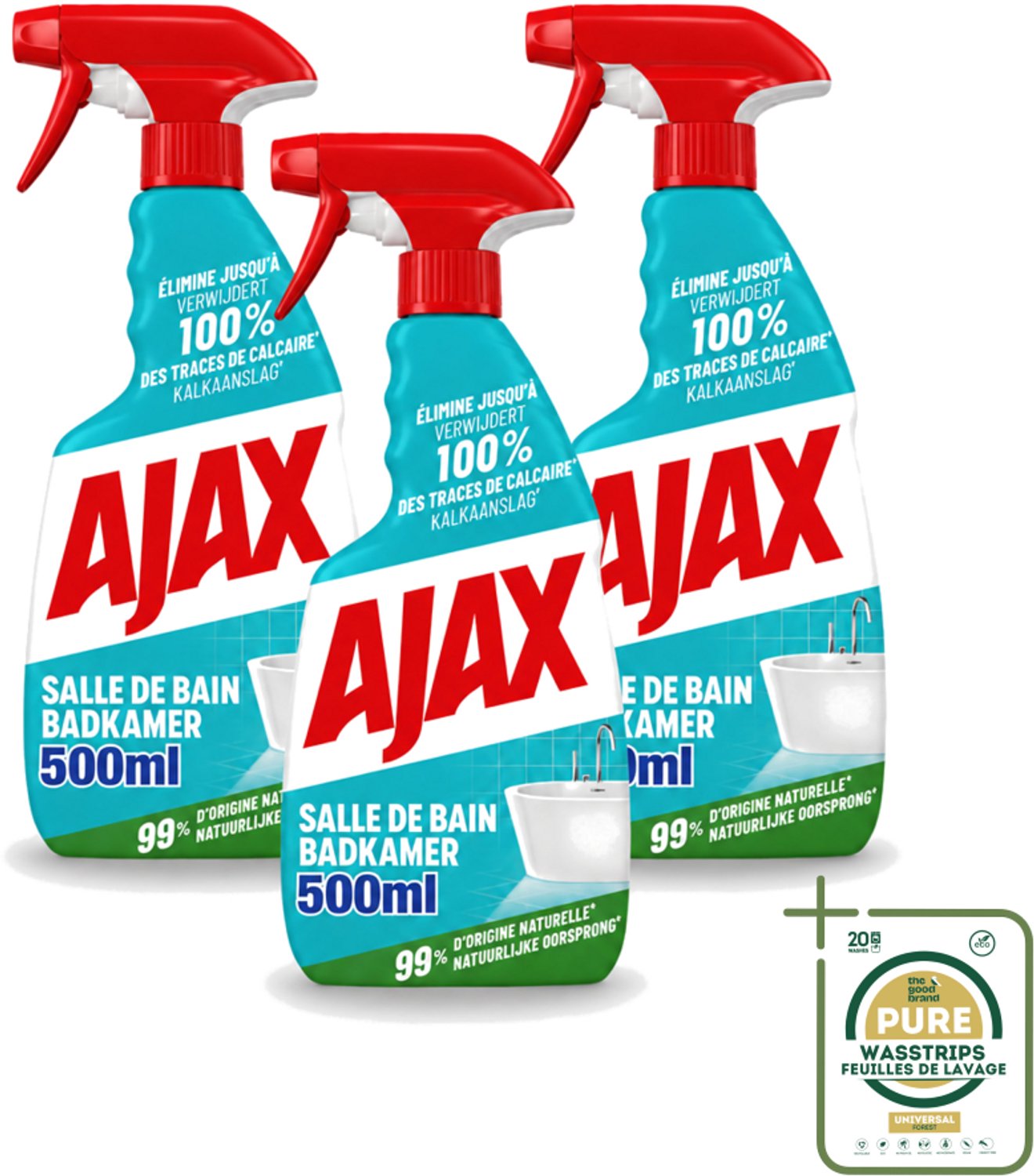 3 x Ajax – Badkamer Spray – 500 ml - Wasstrips - Badkamer Reinigen - Kalk Verwijderen - Zeepresten Verwijderen - Badkamer Schoonmaken - Anti-kalk Spray