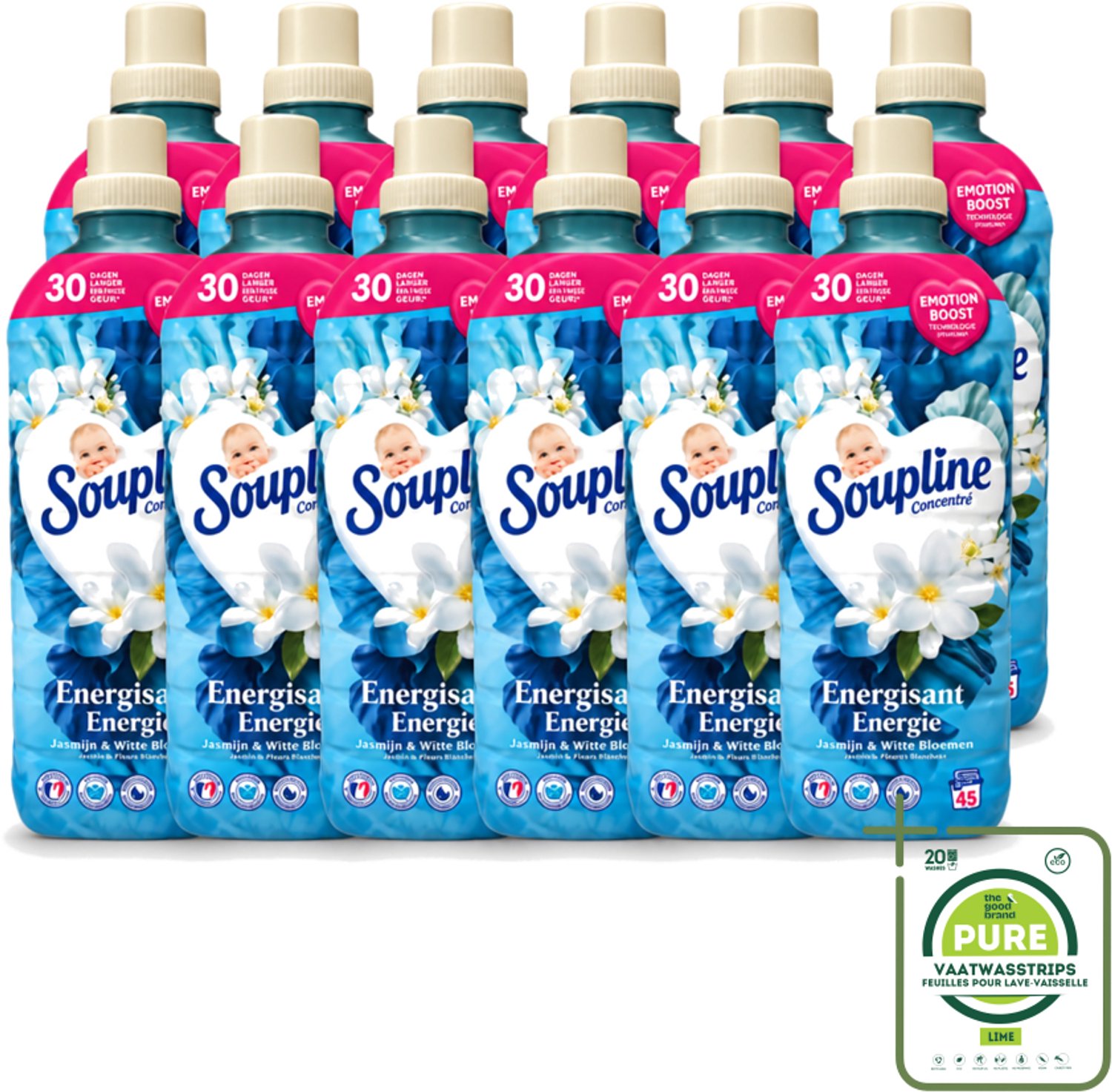 12 x Soupline – Wasverzachter – Energie Jasmijn & Witte Bloemen – 950 ml - Grootverpakking - Vaatwasstrips - Wasverzachter - Jasmijn - Witte Bloemen - Fris - Energie