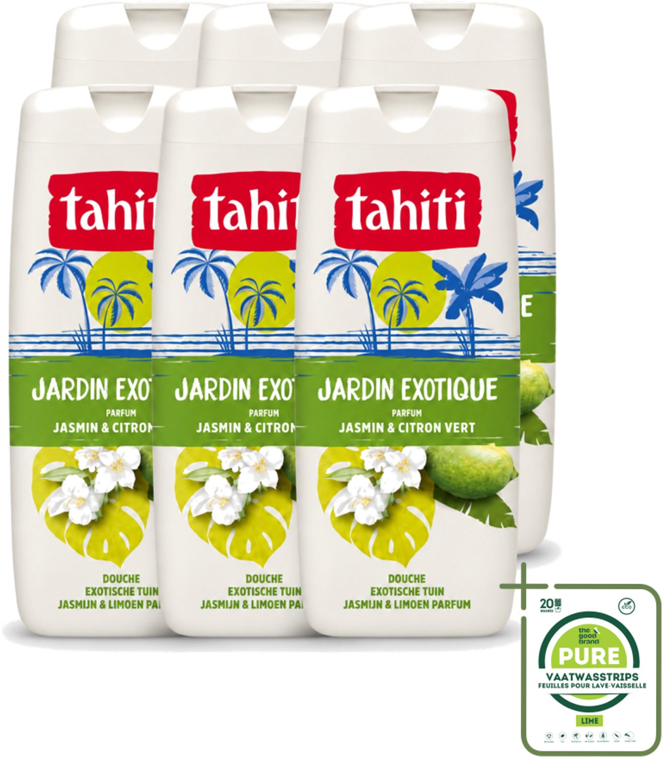 6 x Tahiti – Douchegel – Exotische Tuin Jasmijn & Limoen - 315 ml - Grootverpakking - Vaatwasstrips - Douchegel - Jasmijn - Limoen - Exotisch - Geur