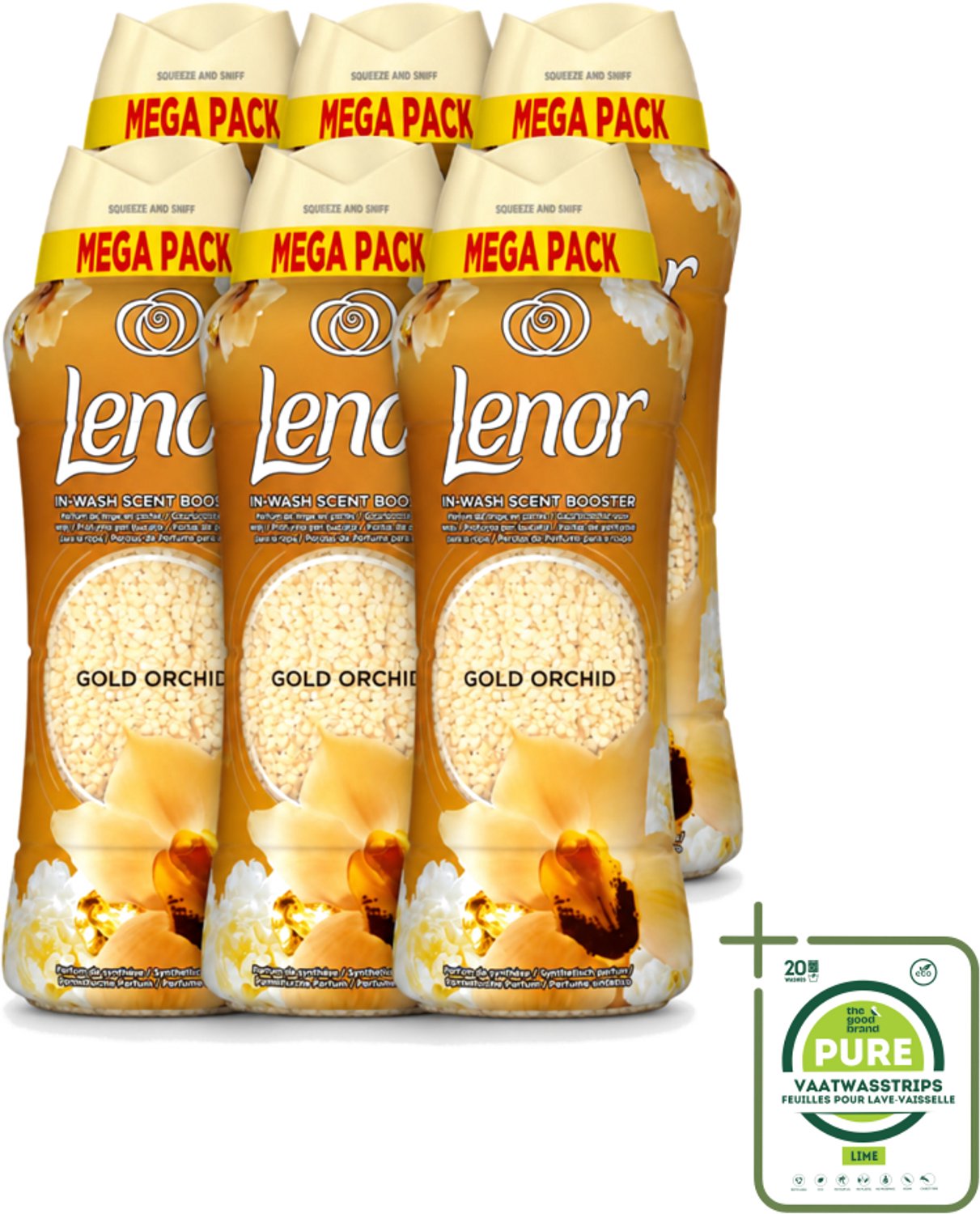 6 x Lenor – Geurparels – Gouden Orchidee – 570 g - Grootverpakking - Vaatwasstrips - Geurparel - Wasgeur - Orchidee - Vanille - Wasgeurparfum
